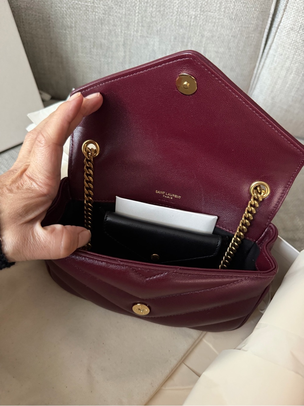 Saint Laurent Deep Burgundy Quilted Leather Shoulder Bag with Gold Logo - Picture 7 of 8